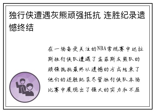 独行侠遭遇灰熊顽强抵抗 连胜纪录遗憾终结